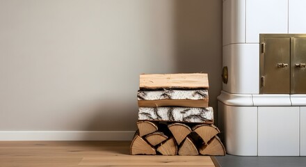 Obraz premium Birch wood logs neatly stacked beside a traditional white tiled stove, creating a cozy home and warmth concept