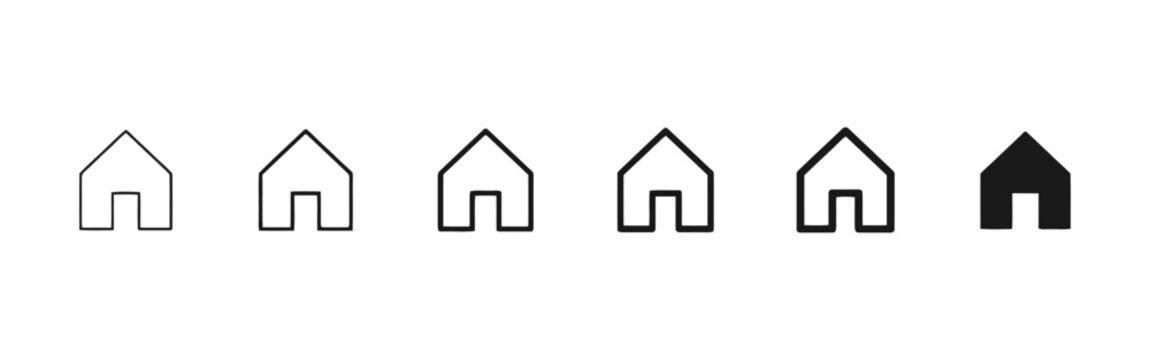 Home icon set representing residence and beginning points including outline and solid fill designs useful for website navigation user interface elements and indicating a starting point or homepage