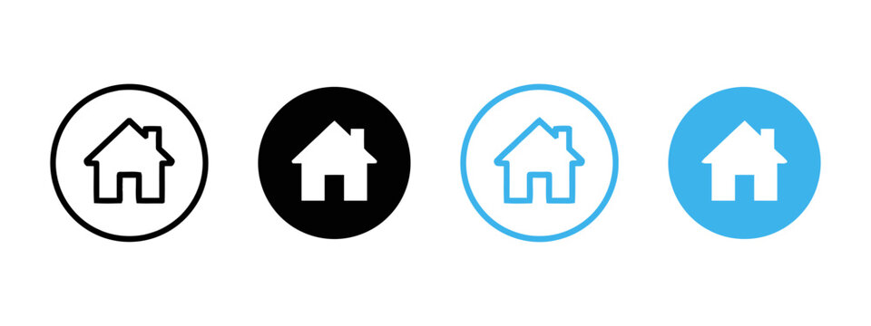 House icon set with chimney for home navigation buttons in circle frames featuring black and blue color variants for website interface design and mobile application dashboard components collection