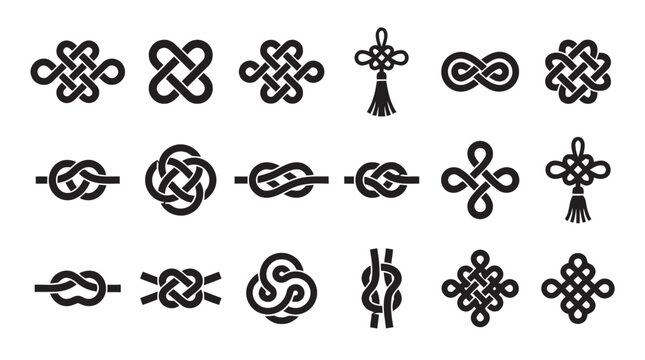 Intricate selection of Chinese knotting symbols and decorative cord patterns, representing good fortune and auspicious designs in traditional Asian art, abstract vector icons.
