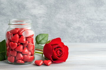 Love romance heart candy glass jar red rose flower valentine passion affection scene with red heart candy in glass jar beside rose on wooden table, soft gray background adding romantic mood