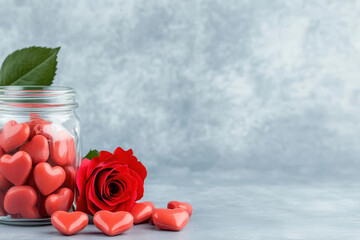Love heart candy jar rose romance romantic red flower gift valentine scene with glass container of heart sweet and single red rose on light background for greeting or celebration