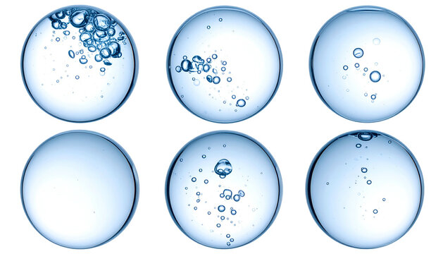 Six circular aqua spheres depicting bubbles rising, varying stages and densities