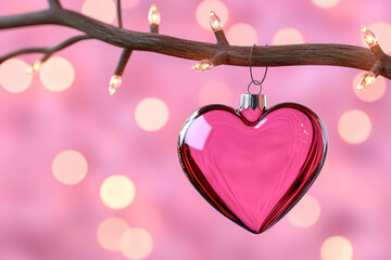 Heart glass pink ornament love romance light branch decoration glow softly with warm bokeh background creating festive mood for valentine celebration and romantic greeting card design