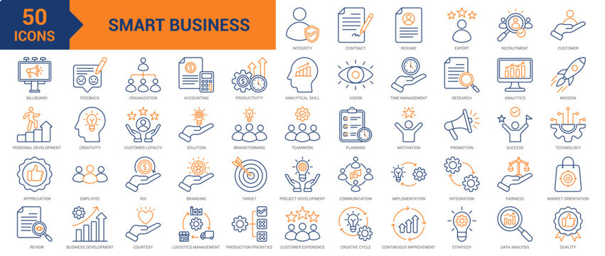 Smart Business colored line icon collection set. Containing analytical skill, productivity, integrity, expert, strategy, personal development, review, feedback, technology, integration icons 