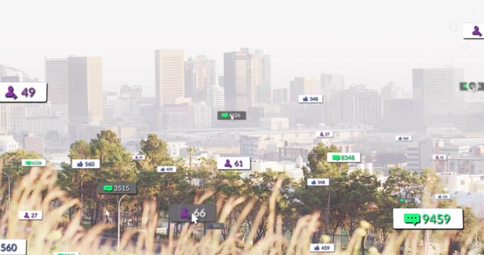 HUD badges appearing over treeline, moving, updating counts, targeting and fading, showing metrics