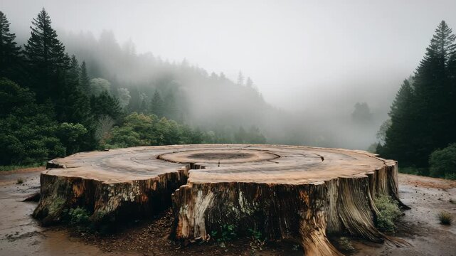 4K Large weathered tree stump with visible growth rings in a mysterious, foggy forest landscape with tall evergreen trees in the background video