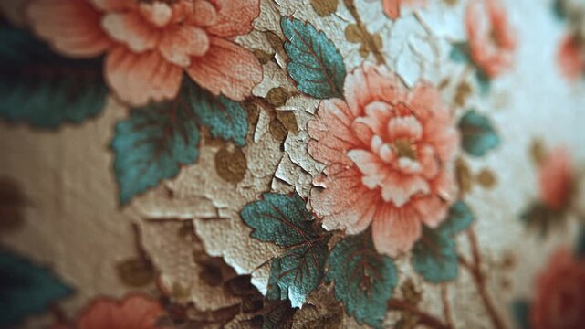 4K Vintage peeling floral wallpaper texture background with faded pink flowers and blue leaves, distressed antique pattern closeup video