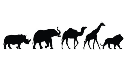 Silhouette of african animals walking in a line including a giraffe elephant and rhino © MDSAEEM