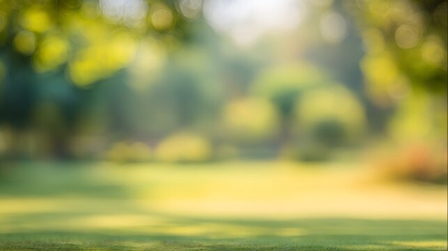Abstract blurred green nature background with soft bokeh light, defocused trees in summer park, natural sunlight rays, spring freshness, copy space backdrop for wallpaper and web design