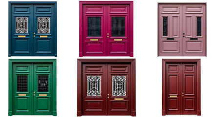 Obraz premium Collage of six elegant double doors in various colors, featuring ornate panels and metal grilles. featuring entrance, entryway, facade, plus