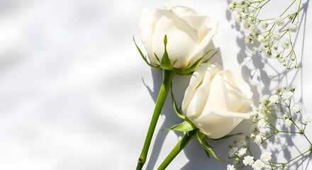 Beautiful White Rose Buds and Delicate Babys Breath Arranged Gracefully on a Pristine White Background, Showcasing Elegance