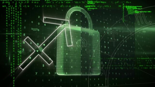 Animation of sign and padlock icon over data processing on black backgorund