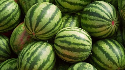 Pile of fresh watermelons. Striped watermelons background.