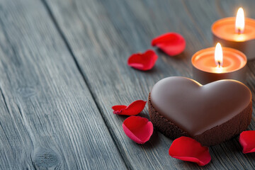 Chocolate heart cake romantic candle red rose petal create sweet intimate dessert scene on rustic wood table with warm flame light and soft mood for love celebration