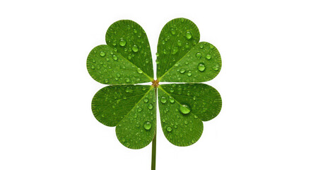 Four-leaf clover with water droplets isolated on transparent background
