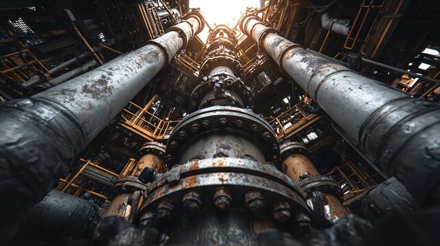 wellhead. Close-up of an industrial wellhead assembly with intricate steel pipes. safety posters, maintenance manuals, designed for precision metalworking and fabrication facilities.