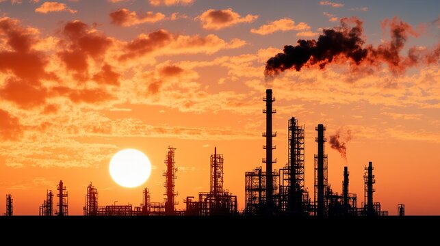 Silhouette of an industrial at sunset with smoke coming from the chimneys. Industrial plant at dawn with fog.