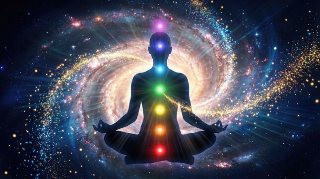 Meditation and chakra path to enlightenment concept. Meditating figure in cosmic space with vibrant energy chakras.