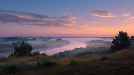 Obraz premium Serene landscape at dawn with trees, hills, and a misty river valley viewed from a high vantage point.