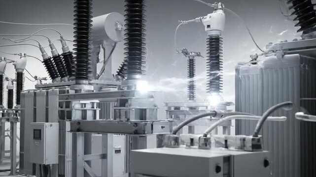 Electrical power distribution transformers and equipment in a substation, providing electricity.