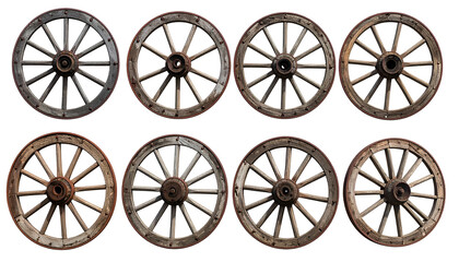 Eight weathered wooden wagon wheels of varying conditions arranged in two rows