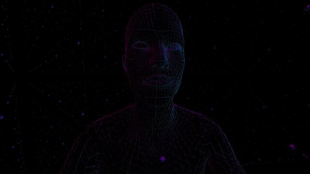 A highly detailed close-up of a human face rendered in glowing purple and blue wireframe mesh, set in a dark futuristic cyberspace environment