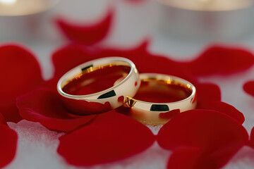 Wedding ring gold ring marriage romance love rose petal engagement commitment couple symbol on soft red flower background creating intimate mood for ceremony and lifelong union