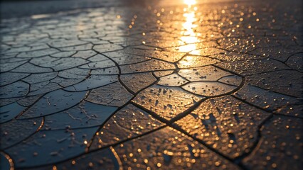 Golden sunset over cracked dry earth landscape
