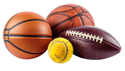 Four sports balls in differing sizes and textures, arranged for illustrative purposes