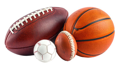 Various sports balls, football, basketball, baseball, and others, set against a black background