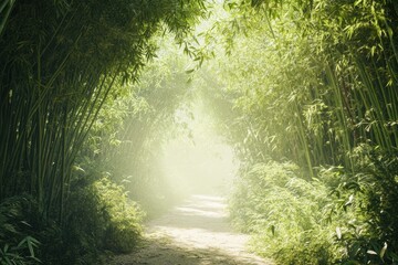 Obraz premium Lush bamboo pathway illuminated by soft morning light in serene forest
