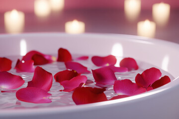 Rose petal water spa relaxation candle bath romantic wellness scene with floating flower in white bowl, soft candlelight glow and tranquil mood for beauty treatment and aromatherapy