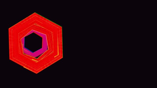A single red hexagonal ring with glitch outlines in magenta and green viewed from the front forms a central futuristic shape on a dark background