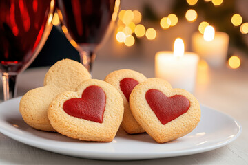 Heart cookie biscuit dessert sweet love romance candle wine holiday on white plate with red heart icing, cozy bokeh light, intimate celebration mood for romantic evening and warm affection
