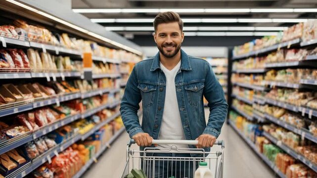 Smiling man pushing shopping cart in supermarket aisle with fresh groceries and packaged goods, casual denim jacket, everyday grocery shopping