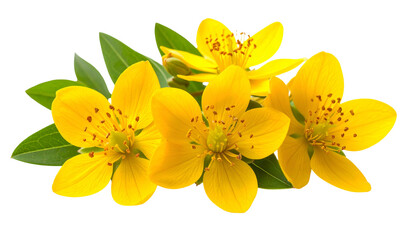 Close-up of vibrant yellow flowers with dark stamens, lush green leaves, on black