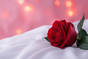 Red rose flower romance love petals dew water lying on white fabric, single blossom with soft pink bokeh light background, symbol of passion and tenderness for romantic celebration