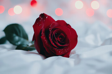 Red rose single rose romantic flower water drop fresh petal white fabric soft focus blurred light create intimate mood on bed symbol of love passion tenderness perfect for valentine celebration
