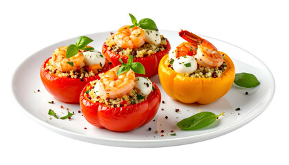 Four vibrant bell peppers stuffed with shrimp, couscous, and cheese on a white plate