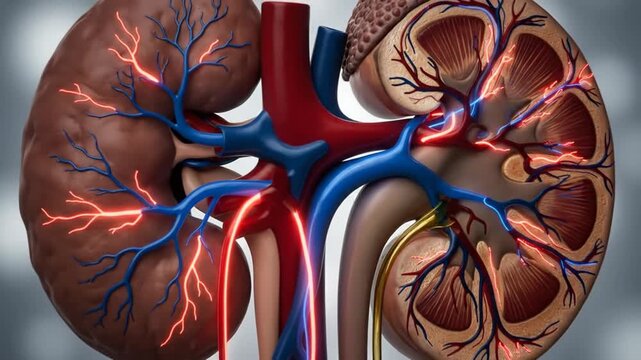 Detailed anatomical illustration of a human kidney, showcasing its internal structure and vascular system.