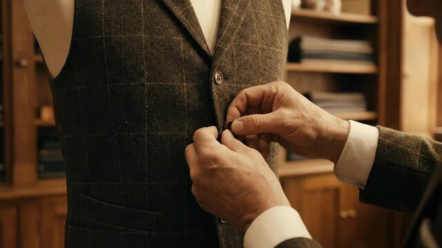 Skillful tailor's hands carefully buttoning a classic tweed waistcoat, close up detail for fashion design, craftsmanship, and bespoke apparel marketing.