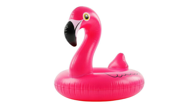 Bright pink inflatable flamingo isolated on transparent background