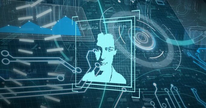 Animation of digital interface with scan scoping over dark background