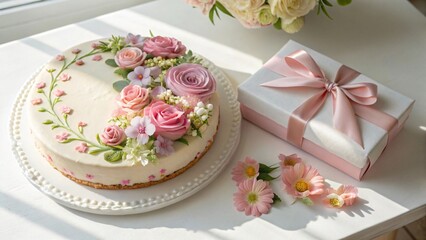 Beautiful cake with pink flowers and gift box