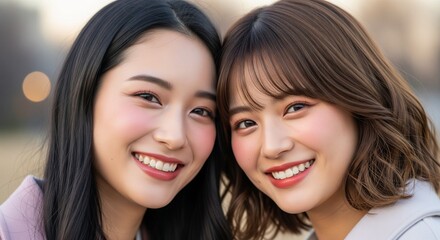 Fototapeta premium 笑顔がまぶしい10代日本人女性二人組のクローズアップ
