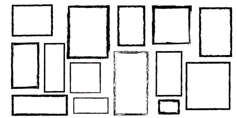 Chalk penci black frames doodle set. Crayon kids white borders in sketch style, rectangular and square shapes, grunge texture. Hand drawn vector illustration isolated on white background