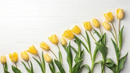 Yellow tulips arranged on white wooden background