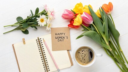 Happy Women's Day celebration with flowers and coffee