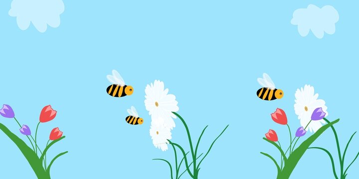 Cute ilustration of honey bees flying over spring flowers and daisies in a garden under a clear blue sky with clouds.
